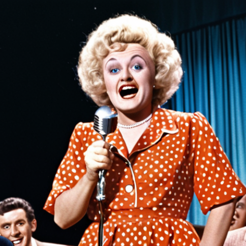 Home 4 ** Phyllis Diller, a blonde comedic queen, transitioning from housewife to the stage in the 1950s, wearing a vibrant dress, holding a microphone, with a retro microphone stand, comedic stage lights, surrounded by a laughing audience.
**