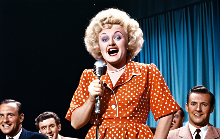 ** Phyllis Diller, a blonde comedic queen, transitioning from housewife to the stage in the 1950s, wearing a vibrant dress, holding a microphone, with a retro microphone stand, comedic stage lights, surrounded by a laughing audience.

**